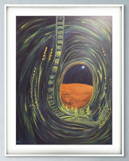 Akryl maleri Behind the Eye of the Worldship: in orbit over the Red Planet. af Anette Thorup Hansen (ATH) malet i 2025
