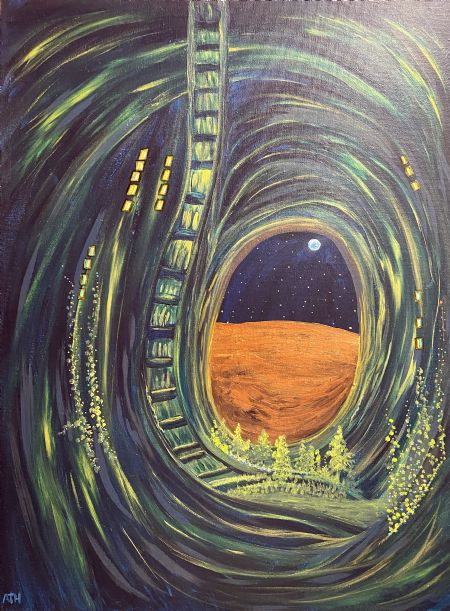 Akryl maleri Behind the Eye of the Worldship: in orbit over the Red Planet. af Anette Thorup Hansen (ATH) malet i 2025