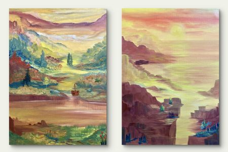 Olie maleri The last harbour of the Flying Dutchman / Sunset over sandy Village. af Anette Thorup Hansen (ATH) malet i 2025