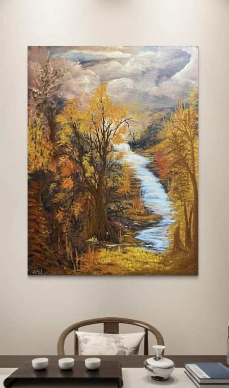 Blandede medier maleri Bonfire by the River af Anette Thorup Hansen (ATH) malet i 2025