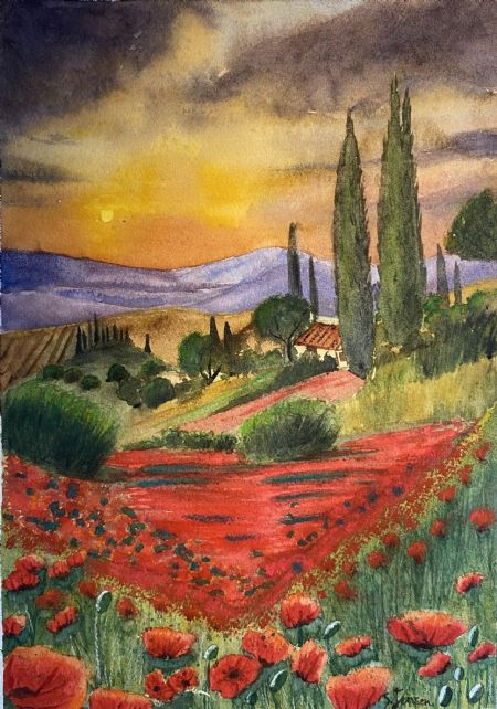 Akvarel maleri Sunset Over Poppy Valley – Original Watercolor & Pastel Painting by S.Jensen af Solmaz  Jensen malet i 2025
