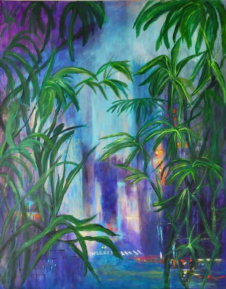 Akvarel maleri 'Midnight in the City' af Aase Lind malet i 