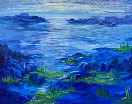 Olie maleri Light over Sea af Anette Thorup Hansen (ATH) malet i 2025