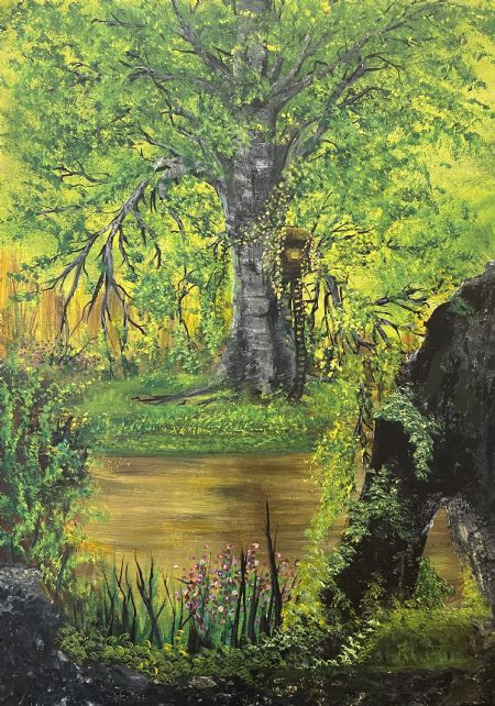 Akryl maleri The Tree Hut. af Anette Thorup Hansen (ATH) malet i 2023