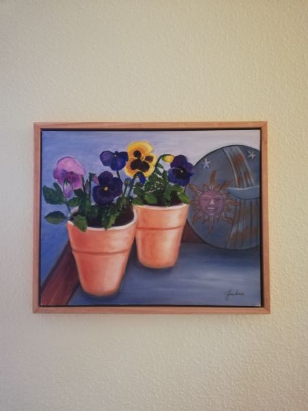 Olie maleri Stedmoderblomster i krukker af Janne Lerbech malet i 