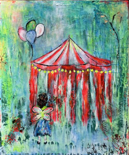 Akryl maleri Little fairy going to the circus af Britt Brogaard malet i 2023