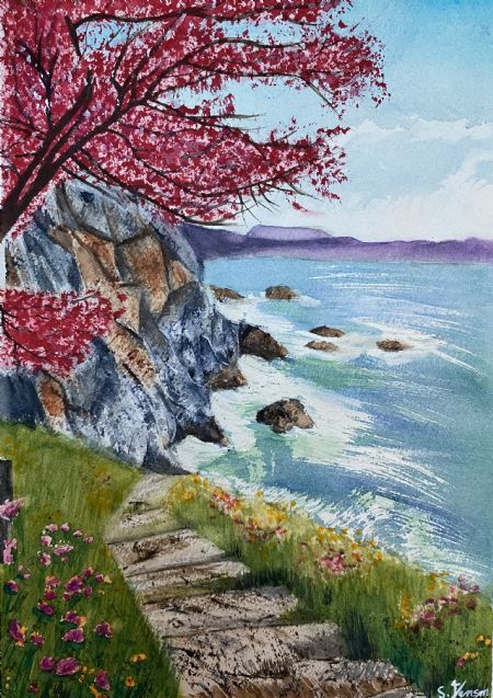 Akvarel maleri Blomster ved havet af Solmaz  Jensen malet i 2025