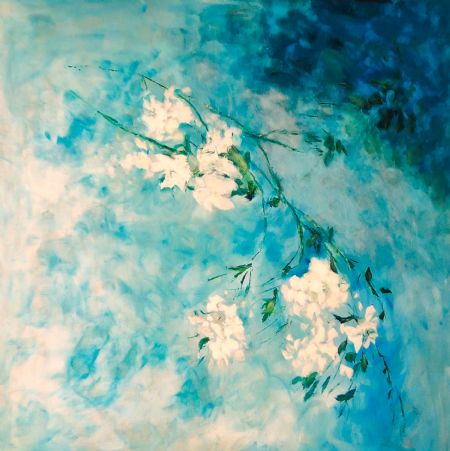 Akryl maleri 'White Flowers in Blue no 5' af Aase Lind malet i 