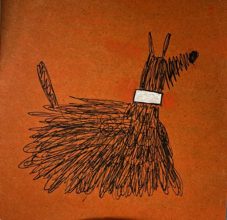 Akryl maleri Hund på orange af Helle Olesen malet i 2025