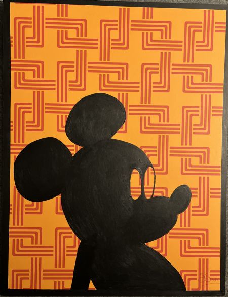 Blandede medier maleri Mickey på orange af Helle Olesen malet i 