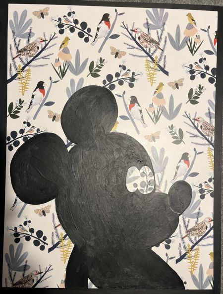 Blandede medier maleri Mickey på blomsterbund af Helle Olesen malet i 