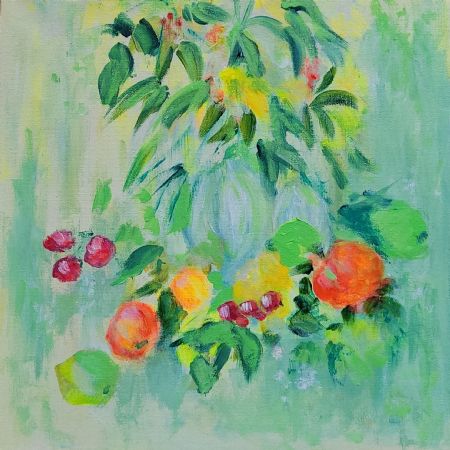 Akryl maleri 'Fruit & Flowers II' af Aase Lind malet i 