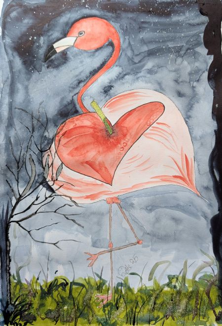 Akvarel maleri 2 flamingoer af Jette Nielsen malet i 2025