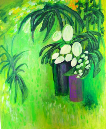 Akryl maleri 'White Flowers in Green' af Aase Lind malet i 
