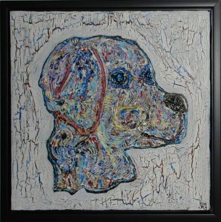 Blandede medier maleri Hundehoved 1. www.Galleri-HJ.dk af Helle Jensen malet i 