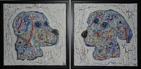Blandede medier maleri Hundehoveder. 2 Galleri-HJ malerier str. 40x40. af Helle Jensen malet i 
