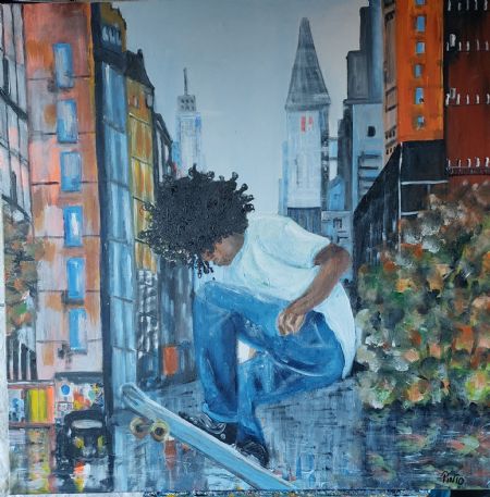 Akryl maleri Flyvende dreng af Mariann Jørgensen malet i 2024