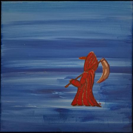 Akryl maleri Manden med leen af Jan Wolffgang malet i 2024