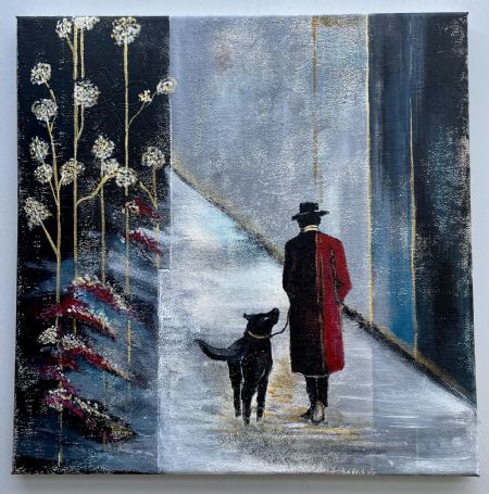 Akryl maleri Aftentur med wuffe af Vibeke Findshøj malet i 2025