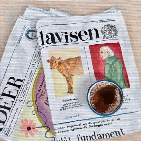 Akryl maleri Kaffe til avisen af Sisse Borg malet i 2025