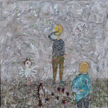 Blandede medier maleri Pruttefis. www.Galleri-HJ.dk af Helle Jensen malet i 