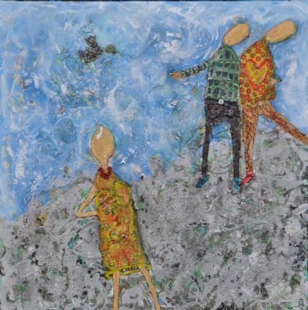 Blandede medier maleri Skidespræller. af Helle Jensen malet i 