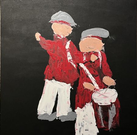 Akryl maleri Trommeslager med oppasser af Helle Olesen malet i 2025