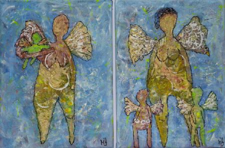 Blandede medier maleri Englebasse + Englehår af Helle Jensen malet i 