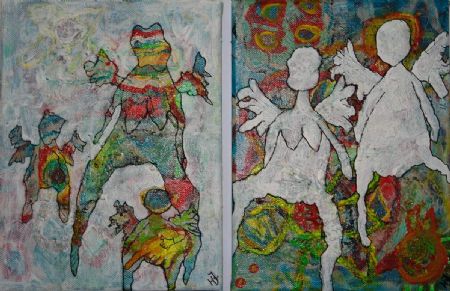 Blandede medier maleri På med vanten + Går på kanten af Helle Jensen malet i 