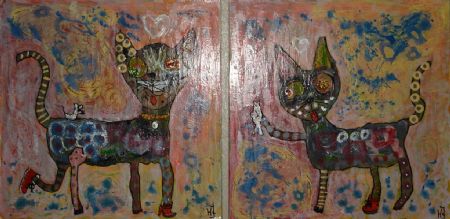 Blandede medier maleri Klods  335 + 336 af Helle Jensen malet i 