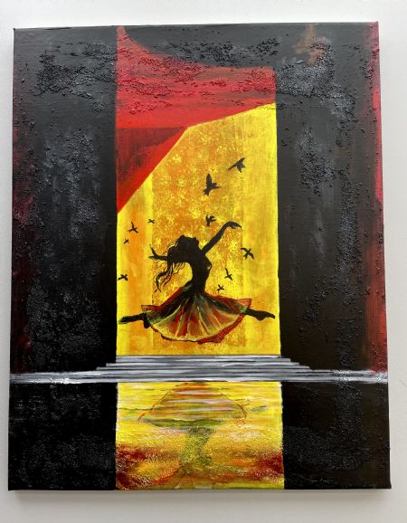 Akryl maleri Fra frygt til frihed af Vibeke Findshøj malet i 2025