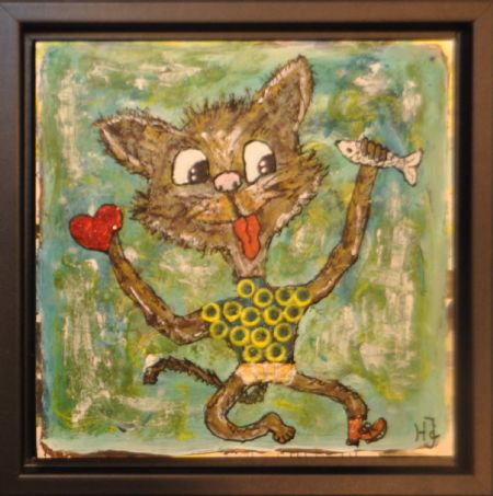 Blandede medier maleri Klods 411, Galleri-HJ maleri i en sort ramme str. 19x19. af Helle Jensen malet i 