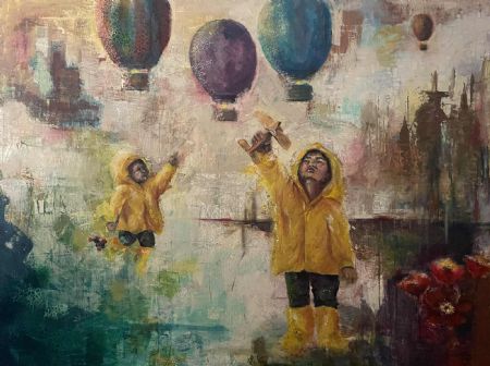 Blandede medier maleri Balloner over Sorø af Line Aallmann malet i 2025