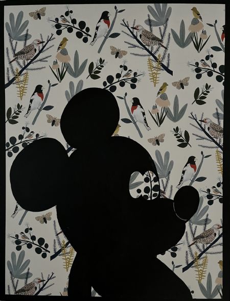 Blandede medier maleri Mickey på blomsterbund af Helle Olesen malet i 