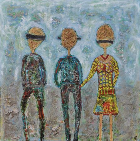 Blandede medier maleri Ikke se, ikke høre, ikke tale af Helle Jensen malet i 