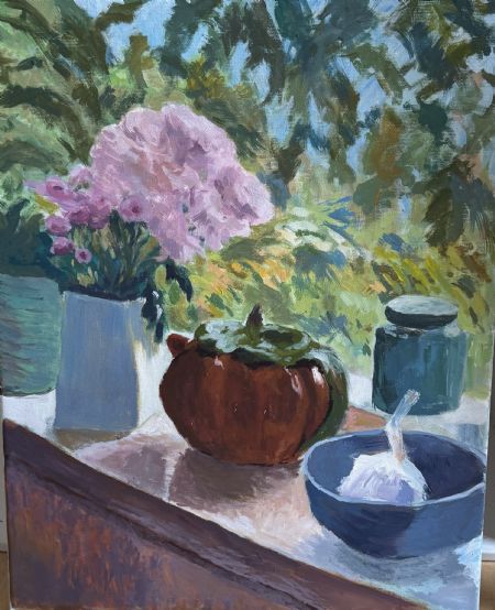 Akryl maleri Tepotte i vindueskarm af helene Schoubye malet i 2025