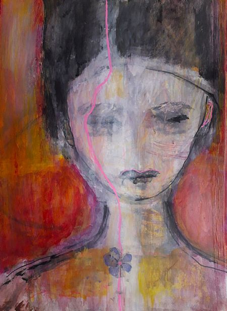 Akryl maleri Saved by a pink line af Lili Hollesen malet i 2025