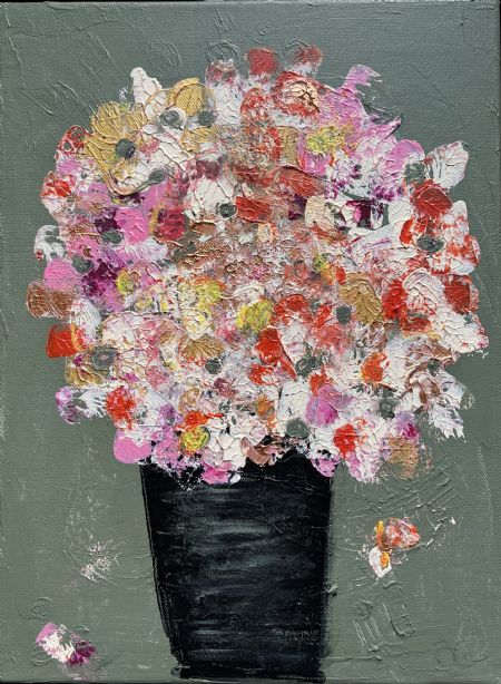 Akryl maleri En sommerhus buket af Helle Olesen malet i 