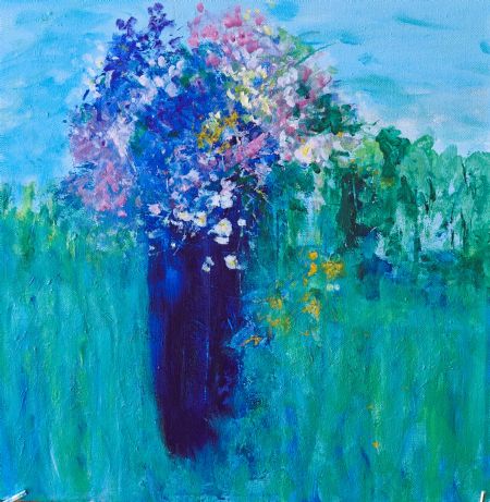 Akryl maleri 'Blomster i min have' af Aase Lind malet i 