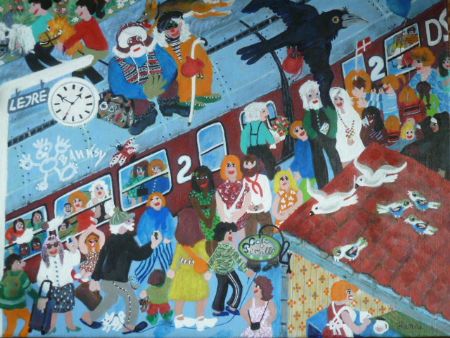 Akryl maleri Lejre Togstation af Hannelore Rossenell malet i 2025