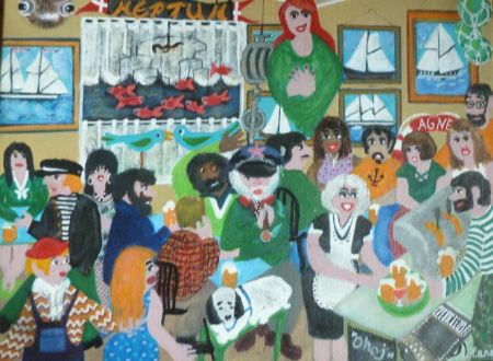 Akryl maleri Havnekro med Søens folk af Hannelore Rossenell malet i 2025