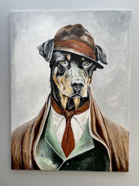 Akryl maleri Når man klæder sig til succes, men stadig spiser fra gulvet. af Vibeke Findshøj malet i 2025