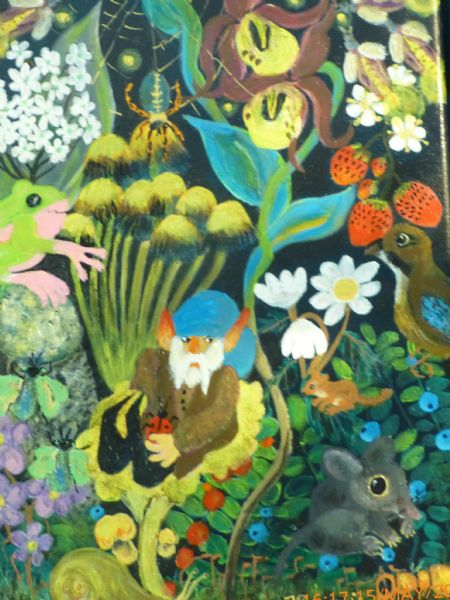 Akryl maleri Skovenbundens liv af Hannelore Rossenell malet i 2023