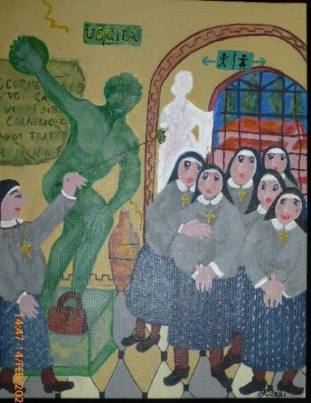 Akryl maleri Frøkener på museum af Hannelore Rossenell malet i 2024