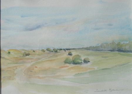 Akvarel maleri langs diget Marielyst af Bendette Hydeskov malet i 1998