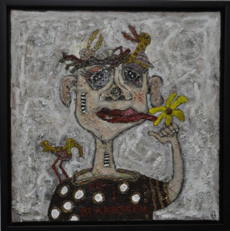 Blandede medier maleri Pip i kukkassen. www.Galleri-HJ.dk af Helle Jensen malet i 