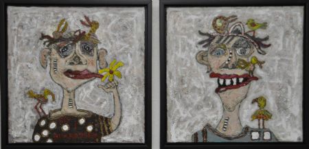 Blandede medier maleri Pip i kukkassen og Pip i låget af Helle Jensen malet i 