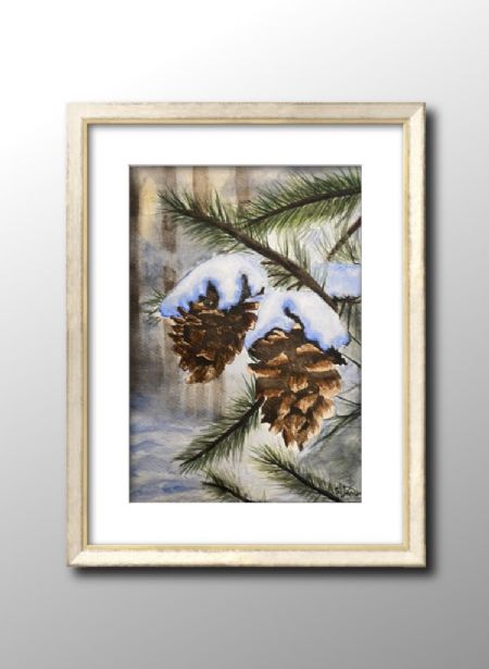 Akvarel maleri Vinteren ligger i fyrretræ af Solmaz  Jensen malet i 2025