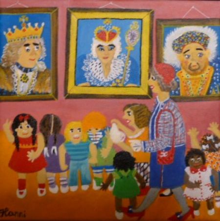 Akryl maleri Børnehaven på ekskursion af Hannelore Rossenell malet i 2021