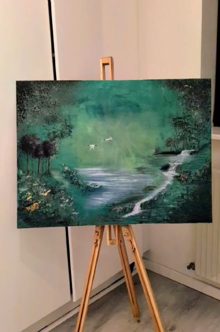 Akryl maleri To sjæle i flugt af Emma Fuglsang malet i 2025